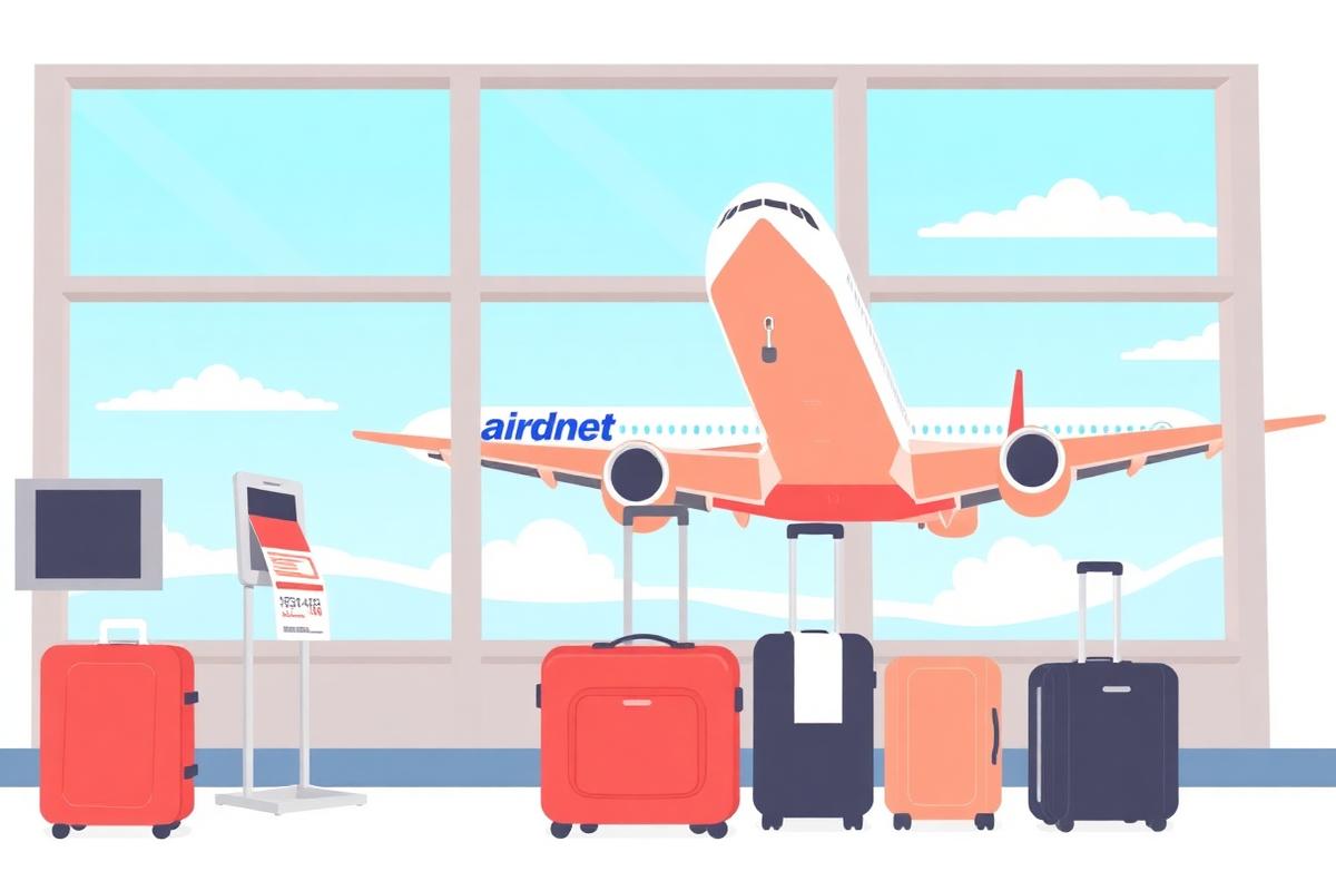 Budget airline plane at an airport gate with luggage and a boarding pass kiosk